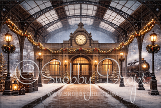 Christmas Train Station Christmas Fabric Backdrop