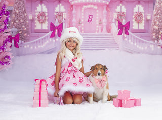 Pink Dollhouse Christmas Dreamhouse Mansion With Rubber Backed Floor-Fabric Photography Backdrop-Snobby Drops Fabric Backdrops for Photography, Exclusive Designs by Tara Mapes Photography, Enchanted Eye Creations by Tara Mapes, photography backgrounds, photography backdrops, fast shipping, US backdrops, cheap photography backdrops