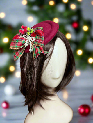 Plaid Bow and Berries Christmas Fascinator-Accessories-Snobby Drops Fabric Backdrops for Photography, Exclusive Designs by Tara Mapes Photography, Enchanted Eye Creations by Tara Mapes, photography backgrounds, photography backdrops, fast shipping, US backdrops, cheap photography backdrops