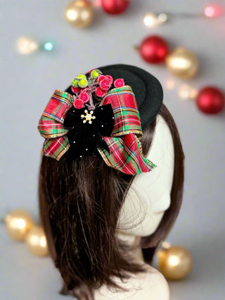 Plaid Bow and Berries Christmas Fascinator-Accessories-Snobby Drops Fabric Backdrops for Photography, Exclusive Designs by Tara Mapes Photography, Enchanted Eye Creations by Tara Mapes, photography backgrounds, photography backdrops, fast shipping, US backdrops, cheap photography backdrops