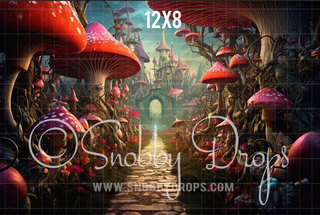 Alice in Wonderland Mushroom Path Fabric Backdrop-Fabric Photography Backdrop-Snobby Drops Fabric Backdrops for Photography, Exclusive Designs by Tara Mapes Photography, Enchanted Eye Creations by Tara Mapes, photography backgrounds, photography backdrops, fast shipping, US backdrops, cheap photography backdrops