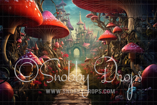 Alice in Wonderland Mushroom Path Fabric Backdrop-Fabric Photography Backdrop-Snobby Drops Fabric Backdrops for Photography, Exclusive Designs by Tara Mapes Photography, Enchanted Eye Creations by Tara Mapes, photography backgrounds, photography backdrops, fast shipping, US backdrops, cheap photography backdrops