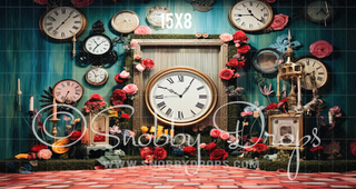 Alice in Wonderland Themed You're Late Fabric Backdrop-Fabric Photography Backdrop-Snobby Drops Fabric Backdrops for Photography, Exclusive Designs by Tara Mapes Photography, Enchanted Eye Creations by Tara Mapes, photography backgrounds, photography backdrops, fast shipping, US backdrops, cheap photography backdrops