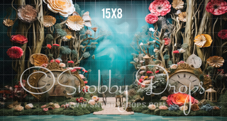 Alice in Wonderland Paper Flower Path Themed Fabric Backdrop-Fabric Photography Backdrop-Snobby Drops Fabric Backdrops for Photography, Exclusive Designs by Tara Mapes Photography, Enchanted Eye Creations by Tara Mapes, photography backgrounds, photography backdrops, fast shipping, US backdrops, cheap photography backdrops