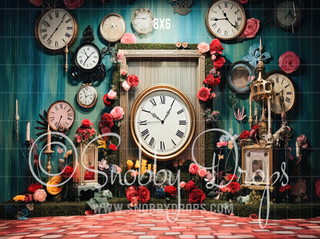 Alice in Wonderland Themed You're Late Fabric Backdrop-Fabric Photography Backdrop-Snobby Drops Fabric Backdrops for Photography, Exclusive Designs by Tara Mapes Photography, Enchanted Eye Creations by Tara Mapes, photography backgrounds, photography backdrops, fast shipping, US backdrops, cheap photography backdrops