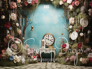 Alice in Wonderland Themed Moss and Clocks Fabric Backdrop-Fabric Photography Backdrop-Snobby Drops Fabric Backdrops for Photography, Exclusive Designs by Tara Mapes Photography, Enchanted Eye Creations by Tara Mapes, photography backgrounds, photography backdrops, fast shipping, US backdrops, cheap photography backdrops