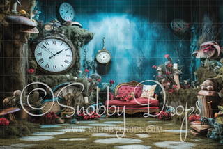 Alice in Wonderland Themed Forest Lounge Fabric Backdrop-Fabric Photography Backdrop-Snobby Drops Fabric Backdrops for Photography, Exclusive Designs by Tara Mapes Photography, Enchanted Eye Creations by Tara Mapes, photography backgrounds, photography backdrops, fast shipping, US backdrops, cheap photography backdrops