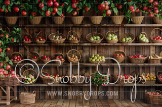 Apple Shelves Fabric Backdrop-Fabric Photography Backdrop-Snobby Drops Fabric Backdrops for Photography, Exclusive Designs by Tara Mapes Photography, Enchanted Eye Creations by Tara Mapes, photography backgrounds, photography backdrops, fast shipping, US backdrops, cheap photography backdrops