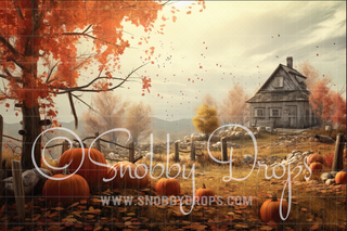 Autumn Farm Cabin Fabric Backdrop-Fabric Photography Backdrop-Snobby Drops Fabric Backdrops for Photography, Exclusive Designs by Tara Mapes Photography, Enchanted Eye Creations by Tara Mapes, photography backgrounds, photography backdrops, fast shipping, US backdrops, cheap photography backdrops