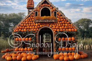 Autumn Pumpkin House Fabric Backdrop-Fabric Photography Backdrop-Snobby Drops Fabric Backdrops for Photography, Exclusive Designs by Tara Mapes Photography, Enchanted Eye Creations by Tara Mapes, photography backgrounds, photography backdrops, fast shipping, US backdrops, cheap photography backdrops