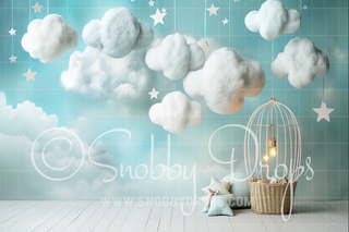 Baby Blue Clouds and Stars Cake Smash Backdrop-Fabric Photography Backdrop-Snobby Drops Fabric Backdrops for Photography, Exclusive Designs by Tara Mapes Photography, Enchanted Eye Creations by Tara Mapes, photography backgrounds, photography backdrops, fast shipping, US backdrops, cheap photography backdrops