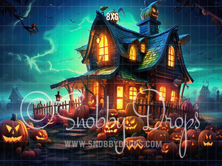 Bad Pumpkins Haunted House Halloween Fabric Backdrop-Fabric Photography Backdrop-Snobby Drops Fabric Backdrops for Photography, Exclusive Designs by Tara Mapes Photography, Enchanted Eye Creations by Tara Mapes, photography backgrounds, photography backdrops, fast shipping, US backdrops, cheap photography backdrops