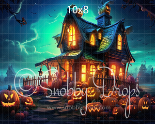 Bad Pumpkins Haunted House Halloween Fabric Backdrop-Fabric Photography Backdrop-Snobby Drops Fabric Backdrops for Photography, Exclusive Designs by Tara Mapes Photography, Enchanted Eye Creations by Tara Mapes, photography backgrounds, photography backdrops, fast shipping, US backdrops, cheap photography backdrops