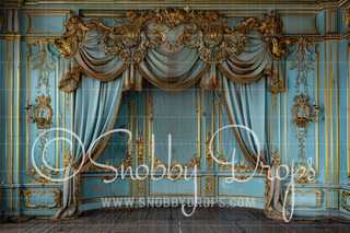 Baroque Wall with Gold and Aquamarine Fabric Backdrop-Fabric Photography Backdrop-Snobby Drops Fabric Backdrops for Photography, Exclusive Designs by Tara Mapes Photography, Enchanted Eye Creations by Tara Mapes, photography backgrounds, photography backdrops, fast shipping, US backdrops, cheap photography backdrops