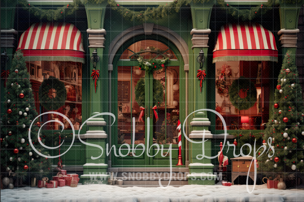Snobby Baubles and Stripes Christmas Shop Fabric Backdrop by Snobby Drops