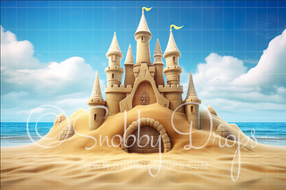 Beautiful Beach Sand Castle Fabric Tot Drop-Fabric Photography Tot Drop-Snobby Drops Fabric Backdrops for Photography, Exclusive Designs by Tara Mapes Photography, Enchanted Eye Creations by Tara Mapes, photography backgrounds, photography backdrops, fast shipping, US backdrops, cheap photography backdrops