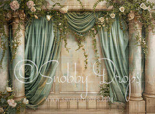 Beige and Green Curtains and Pillars Fabric Backdrop-Fabric Photography Backdrop-Snobby Drops Fabric Backdrops for Photography, Exclusive Designs by Tara Mapes Photography, Enchanted Eye Creations by Tara Mapes, photography backgrounds, photography backdrops, fast shipping, US backdrops, cheap photography backdrops