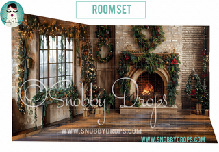 Beige Brick and Garland Christmas 3 Piece Room Set-Photography Backdrop 3P Room Set-Snobby Drops Fabric Backdrops for Photography, Exclusive Designs by Tara Mapes Photography, Enchanted Eye Creations by Tara Mapes, photography backgrounds, photography backdrops, fast shipping, US backdrops, cheap photography backdrops