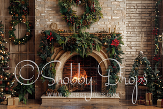 Beige Brick Garland Christmas Fireplace Fabric Backdrop-Fabric Photography Backdrop-Snobby Drops Fabric Backdrops for Photography, Exclusive Designs by Tara Mapes Photography, Enchanted Eye Creations by Tara Mapes, photography backgrounds, photography backdrops, fast shipping, US backdrops, cheap photography backdrops