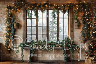 Beige Brick with Garland Christmas Window Fabric Backdrop-Fabric Photography Backdrop-Snobby Drops Fabric Backdrops for Photography, Exclusive Designs by Tara Mapes Photography, Enchanted Eye Creations by Tara Mapes, photography backgrounds, photography backdrops, fast shipping, US backdrops, cheap photography backdrops