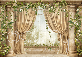 Beige Curtains and Stone Pillars with Ivy Fabric Backdrop-Fabric Photography Backdrop-Snobby Drops Fabric Backdrops for Photography, Exclusive Designs by Tara Mapes Photography, Enchanted Eye Creations by Tara Mapes, photography backgrounds, photography backdrops, fast shipping, US backdrops, cheap photography backdrops