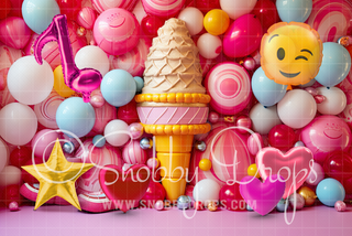 Birthday Ice Cream Balloon Wall Fabric Tot Drop-Fabric Photography Tot Drop-Snobby Drops Fabric Backdrops for Photography, Exclusive Designs by Tara Mapes Photography, Enchanted Eye Creations by Tara Mapes, photography backgrounds, photography backdrops, fast shipping, US backdrops, cheap photography backdrops