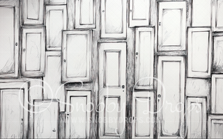 Black and White Doors Illustrated Style Fabric Backdrop-Fabric Photography Backdrop-Snobby Drops Fabric Backdrops for Photography, Exclusive Designs by Tara Mapes Photography, Enchanted Eye Creations by Tara Mapes, photography backgrounds, photography backdrops, fast shipping, US backdrops, cheap photography backdrops
