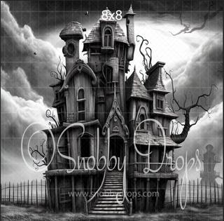 Black and White Surreal Haunted House Halloween Fabric Backdrop-Fabric Photography Backdrop-Snobby Drops Fabric Backdrops for Photography, Exclusive Designs by Tara Mapes Photography, Enchanted Eye Creations by Tara Mapes, photography backgrounds, photography backdrops, fast shipping, US backdrops, cheap photography backdrops