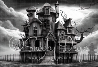 Black and White Surreal Haunted House Halloween Fabric Backdrop-Fabric Photography Backdrop-Snobby Drops Fabric Backdrops for Photography, Exclusive Designs by Tara Mapes Photography, Enchanted Eye Creations by Tara Mapes, photography backgrounds, photography backdrops, fast shipping, US backdrops, cheap photography backdrops