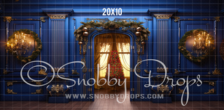 Blue and Gold Christmas Room Fabric Backdrop-Fabric Photography Backdrop-Snobby Drops Fabric Backdrops for Photography, Exclusive Designs by Tara Mapes Photography, Enchanted Eye Creations by Tara Mapes, photography backgrounds, photography backdrops, fast shipping, US backdrops, cheap photography backdrops