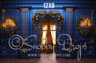 Blue and Gold Christmas Room Fabric Backdrop-Fabric Photography Backdrop-Snobby Drops Fabric Backdrops for Photography, Exclusive Designs by Tara Mapes Photography, Enchanted Eye Creations by Tara Mapes, photography backgrounds, photography backdrops, fast shipping, US backdrops, cheap photography backdrops