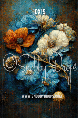 Blue and Orange Floral Fine Art Fabric Backdrop Sweep-Fabric Photography Sweep-Snobby Drops Fabric Backdrops for Photography, Exclusive Designs by Tara Mapes Photography, Enchanted Eye Creations by Tara Mapes, photography backgrounds, photography backdrops, fast shipping, US backdrops, cheap photography backdrops