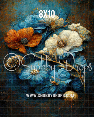 Blue and Orange Floral Fine Art Fabric Backdrop Sweep-Fabric Photography Sweep-Snobby Drops Fabric Backdrops for Photography, Exclusive Designs by Tara Mapes Photography, Enchanted Eye Creations by Tara Mapes, photography backgrounds, photography backdrops, fast shipping, US backdrops, cheap photography backdrops