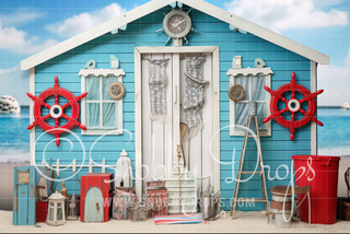 Blue and Red Surf Beach Shack Fabric Backdrop-Fabric Photography Backdrop-Snobby Drops Fabric Backdrops for Photography, Exclusive Designs by Tara Mapes Photography, Enchanted Eye Creations by Tara Mapes, photography backgrounds, photography backdrops, fast shipping, US backdrops, cheap photography backdrops