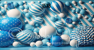 Blue Balloons and Balls Fabric Backdrop-Fabric Photography Backdrop-Snobby Drops Fabric Backdrops for Photography, Exclusive Designs by Tara Mapes Photography, Enchanted Eye Creations by Tara Mapes, photography backgrounds, photography backdrops, fast shipping, US backdrops, cheap photography backdrops