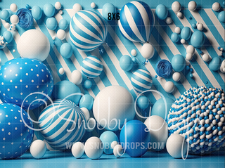 Blue Balloons and Balls Fabric Backdrop-Fabric Photography Backdrop-Snobby Drops Fabric Backdrops for Photography, Exclusive Designs by Tara Mapes Photography, Enchanted Eye Creations by Tara Mapes, photography backgrounds, photography backdrops, fast shipping, US backdrops, cheap photography backdrops