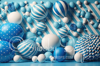 Blue Balloons and Balls Fabric Backdrop-Fabric Photography Backdrop-Snobby Drops Fabric Backdrops for Photography, Exclusive Designs by Tara Mapes Photography, Enchanted Eye Creations by Tara Mapes, photography backgrounds, photography backdrops, fast shipping, US backdrops, cheap photography backdrops