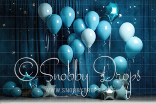 Blue Balloons and Stars Cake Smash Fabric Tot Drop-Fabric Photography Tot Drop-Snobby Drops Fabric Backdrops for Photography, Exclusive Designs by Tara Mapes Photography, Enchanted Eye Creations by Tara Mapes, photography backgrounds, photography backdrops, fast shipping, US backdrops, cheap photography backdrops