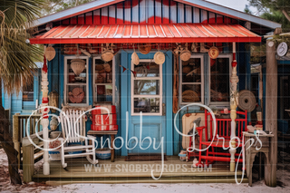 Blue Beach Shack Shop Fabric Backdrop-Fabric Photography Backdrop-Snobby Drops Fabric Backdrops for Photography, Exclusive Designs by Tara Mapes Photography, Enchanted Eye Creations by Tara Mapes, photography backgrounds, photography backdrops, fast shipping, US backdrops, cheap photography backdrops