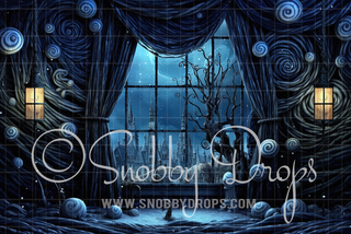 Blue Christmas Dark Christmas Window Halloween Fabric Backdrop-Fabric Photography Backdrop-Snobby Drops Fabric Backdrops for Photography, Exclusive Designs by Tara Mapes Photography, Enchanted Eye Creations by Tara Mapes, photography backgrounds, photography backdrops, fast shipping, US backdrops, cheap photography backdrops