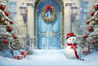 Blue Christmas Door with Snowman Fabric Backdrop-Fabric Photography Backdrop-Snobby Drops Fabric Backdrops for Photography, Exclusive Designs by Tara Mapes Photography, Enchanted Eye Creations by Tara Mapes, photography backgrounds, photography backdrops, fast shipping, US backdrops, cheap photography backdrops