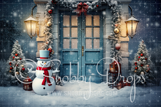 Blue Christmas House with Snowman Fabric Backdrop-Fabric Photography Backdrop-Snobby Drops Fabric Backdrops for Photography, Exclusive Designs by Tara Mapes Photography, Enchanted Eye Creations by Tara Mapes, photography backgrounds, photography backdrops, fast shipping, US backdrops, cheap photography backdrops