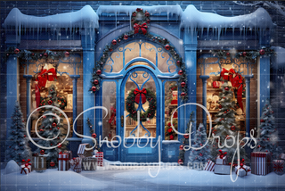 Blue Christmas Shop Fabric Backdrop-Fabric Photography Backdrop-Snobby Drops Fabric Backdrops for Photography, Exclusive Designs by Tara Mapes Photography, Enchanted Eye Creations by Tara Mapes, photography backgrounds, photography backdrops, fast shipping, US backdrops, cheap photography backdrops