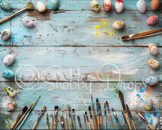Blue Paint Brushes and Easter Eggs Fabric Wee Drop-Fabric Photography Backdrop-Snobby Drops Fabric Backdrops for Photography, Exclusive Designs by Tara Mapes Photography, Enchanted Eye Creations by Tara Mapes, photography backgrounds, photography backdrops, fast shipping, US backdrops, cheap photography backdrops
