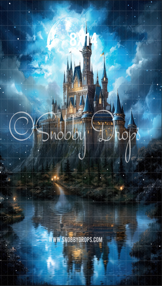 Blue Painterly Princess Castle at Night Fabric Backdrop Sweep-Fabric Photography Sweep-Snobby Drops Fabric Backdrops for Photography, Exclusive Designs by Tara Mapes Photography, Enchanted Eye Creations by Tara Mapes, photography backgrounds, photography backdrops, fast shipping, US backdrops, cheap photography backdrops