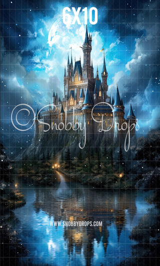 Blue Painterly Princess Castle at Night Fabric Backdrop Sweep-Fabric Photography Sweep-Snobby Drops Fabric Backdrops for Photography, Exclusive Designs by Tara Mapes Photography, Enchanted Eye Creations by Tara Mapes, photography backgrounds, photography backdrops, fast shipping, US backdrops, cheap photography backdrops