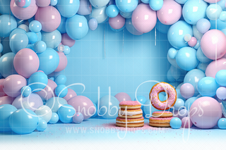 Blue & Pink Cakes and Donuts Cake Smash Backdrop-Fabric Photography Backdrop-Snobby Drops Fabric Backdrops for Photography, Exclusive Designs by Tara Mapes Photography, Enchanted Eye Creations by Tara Mapes, photography backgrounds, photography backdrops, fast shipping, US backdrops, cheap photography backdrops