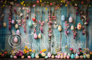 Blue Rustic Fence with Hanging Easter Eggs Fabric Backdrop-Fabric Photography Backdrop-Snobby Drops Fabric Backdrops for Photography, Exclusive Designs by Tara Mapes Photography, Enchanted Eye Creations by Tara Mapes, photography backgrounds, photography backdrops, fast shipping, US backdrops, cheap photography backdrops