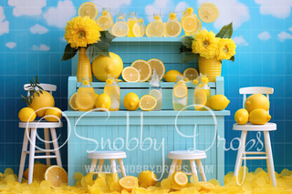 Blue Skies Lemon Drops Lemonade Stand Fabric Backdrop-Fabric Photography Backdrop-Snobby Drops Fabric Backdrops for Photography, Exclusive Designs by Tara Mapes Photography, Enchanted Eye Creations by Tara Mapes, photography backgrounds, photography backdrops, fast shipping, US backdrops, cheap photography backdrops