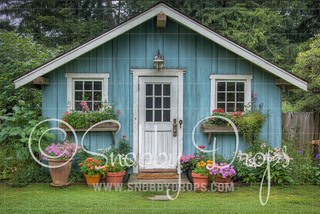 Blue Spring Shed with Flowers Fabric Backdrop-Fabric Photography Backdrop-Snobby Drops Fabric Backdrops for Photography, Exclusive Designs by Tara Mapes Photography, Enchanted Eye Creations by Tara Mapes, photography backgrounds, photography backdrops, fast shipping, US backdrops, cheap photography backdrops